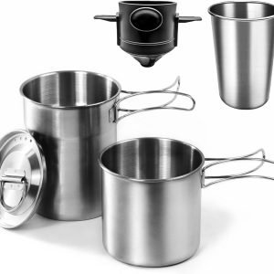 Foldable Camping Cups Mugs Camping Pot Cookware 304-Food-Grade Outdoor Camp Cooking Set with Vented lid,Stainless Steel Backpacking Cookware for Hunting