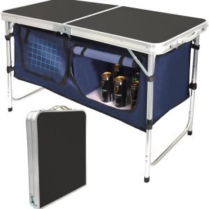 Folding Camping Table with Storage Compartment Aluminum Lightweight Camp Kitchen Table Height Adjustable Indoor/Outdoor Table Perfect for Tailgating, Backyards, BBQ,Picnic, Black