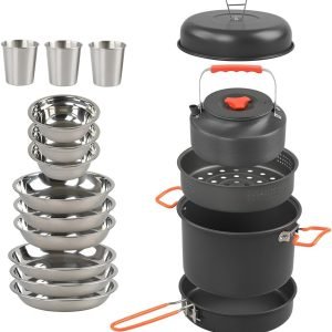 17Pcs Camping Cookware Mess Kit Aluminum Alloy Pot Pan Kettle Set Steaming Tray Bowl Cup Water Kettle Cooking Equipment for Backpacking Gear Hiking
