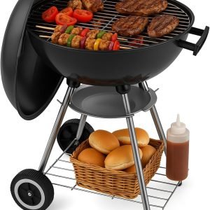18 Inch Portable Charcoal Grill – Heavy-Duty Round BBQ Grill with Thickened Grilling Bowl, Sturdy with 4 Legs & Wheels for Small Outdoor Barbecue, Camping, Travel, Tailgating & Backyard Cooking