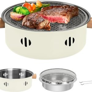 Portable Charcoal Barbecue Grill, 1pc Mini BBQ Grill Multifunctional Charcoal Grill Smokeless Round Tabletop Charcoal Grill for Indoor Outdoor Cooking Home Party Picnic Camping (Beige)