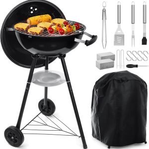 18 Inch Charcoal Grill, 2-In-1 Kettle Outdoor Barbecue Grill, Portable Black BBQ Grill for Camping/Backyard/Patio/Picnic, Porcelain-Enameled Lid & Fire Bowl, 254.SQ.IN Cooking Area, 15Pcs