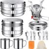 15 Pcs Camp Cooking Set Stainless Steel Camping Cookware Mess Kit with Pot Pan and Stove 2 Set Stainless Steel Cups Plates Forks Knives Spoons for Camping Backpacking Outdoor Cooking Picnic