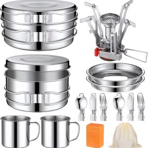 15 Pcs Camp Cooking Set Stainless Steel Camping Cookware Mess Kit with Pot Pan and Stove 2 Set Stainless Steel Cups Plates Forks Knives Spoons for Camping Backpacking Outdoor Cooking Picnic