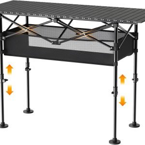 Height Adjustable Camping Table, Outdoor Folding Camping Table with Mesh Storage/Carrying Bag, Portable Aluminum Roll-up Table for Camping, Party, Backyard, BBQ