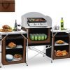 Camping Kitchen Table, Aluminum Portable Outdoor Cooking Table, Foldable Camp Table with Windscreen and 3 Storage Cupboards Multifunctional for BBQ, Party, Picnics & Outdoor Brown