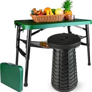 Portable Folding Table and Stool Set, Lightweight Foldable Table & Collapsible Stool for Camping Picnic Beach Fishing, Sturdy Small Outdoor Table with Mesh Layer Storage