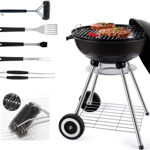 22 Inch Portable Charcoal Grill with Accesories 5 Pieces Grilling sil for Outdoor Cooking Barbecue Camping BBQ Kettle Grill - Heavy Duty Round with Thickened Bowl Wheels for Small Patio Backyard