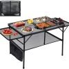 4.4FT Folding Grill Table, Portable Camping Table with Extension Board, Height Adjustable Metal Table with Mesh Desktop, Lightweight Outdoor Grill Table for Camping, Picnic, Beach and BBQ