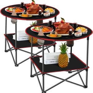 2 Pcs Folding Camping Table with 4 Mesh Cupholders 2 Tier Portable Folding Table Round Lightweight Fabric Compact Carrying Case Beach Table for Summer Outdoor Tailgating Fishing Hiking