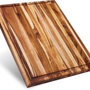 Laurel Cutting Board | Teak Edge Grain Cutting Board for Kitchen with Juice Groove | Reversible Charcuterie Butcher Block | Gift Box Included | 18x14x1.25 in
