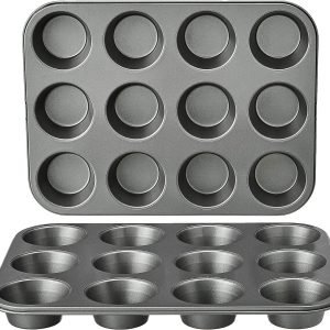 Nonstick Round Muffin Baking Pan, 12 Cups, Set of 2, Gray, 13.9x10.55x1.22"